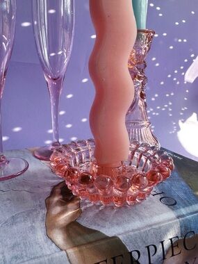 Vintage Pink Pressed Glass Candle Holder